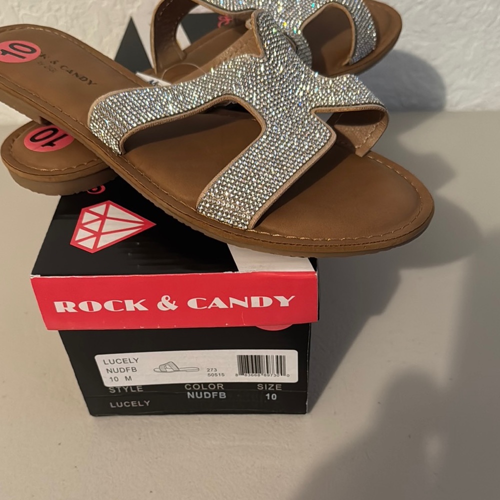 Rock & Candy Silver Tan Sandals with Glittery Straps